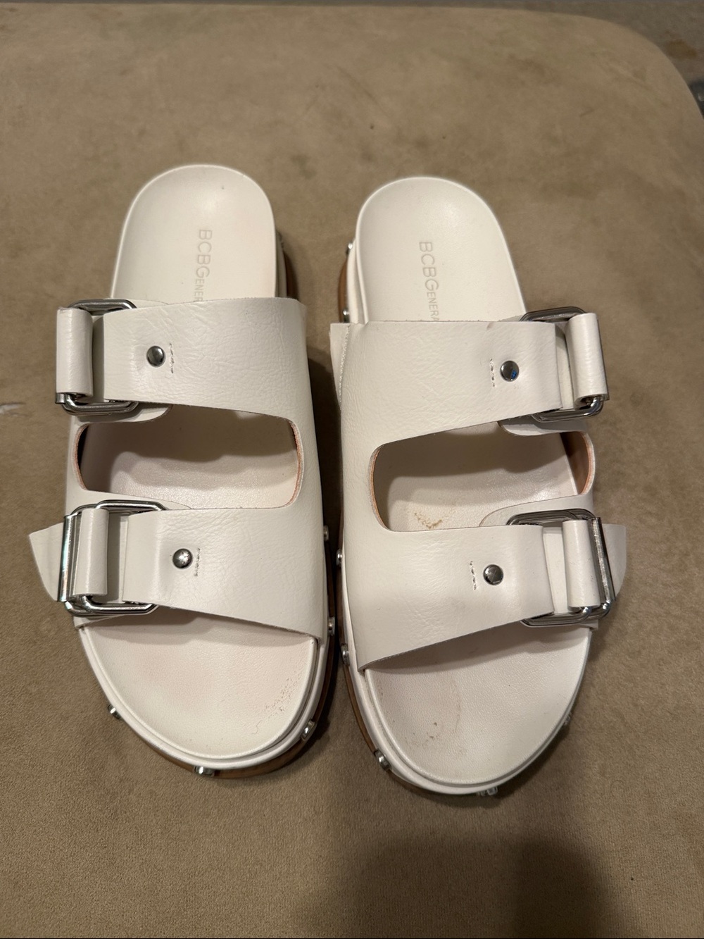 BCBGeneration White Double Buckle Slide Sandals with Silver Hardware